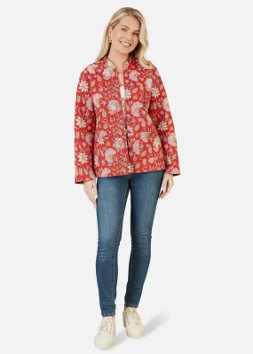 Yumi Red Floral Print Reversible Cotton Quilted Jacket