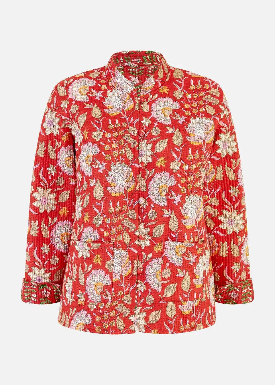 Yumi Red Floral Print Reversible Cotton Quilted Jacket