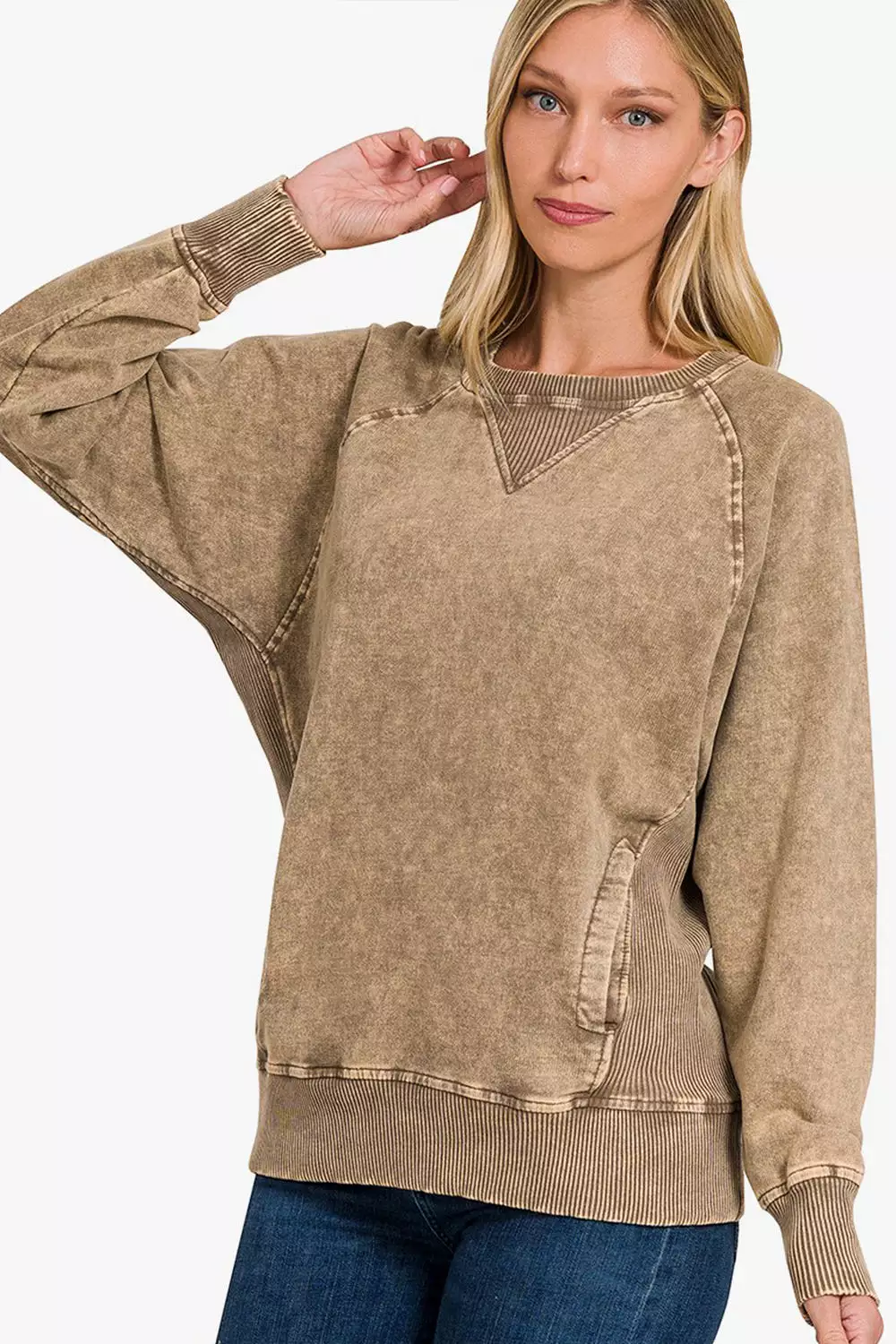 Zenana Pocketed Round Neck Sweatshirt