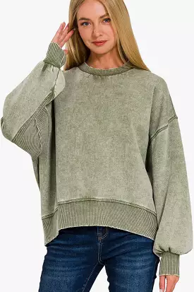 Zenana Round Neck Dropped Shoulder Lantern Sleeve Sweatshirt